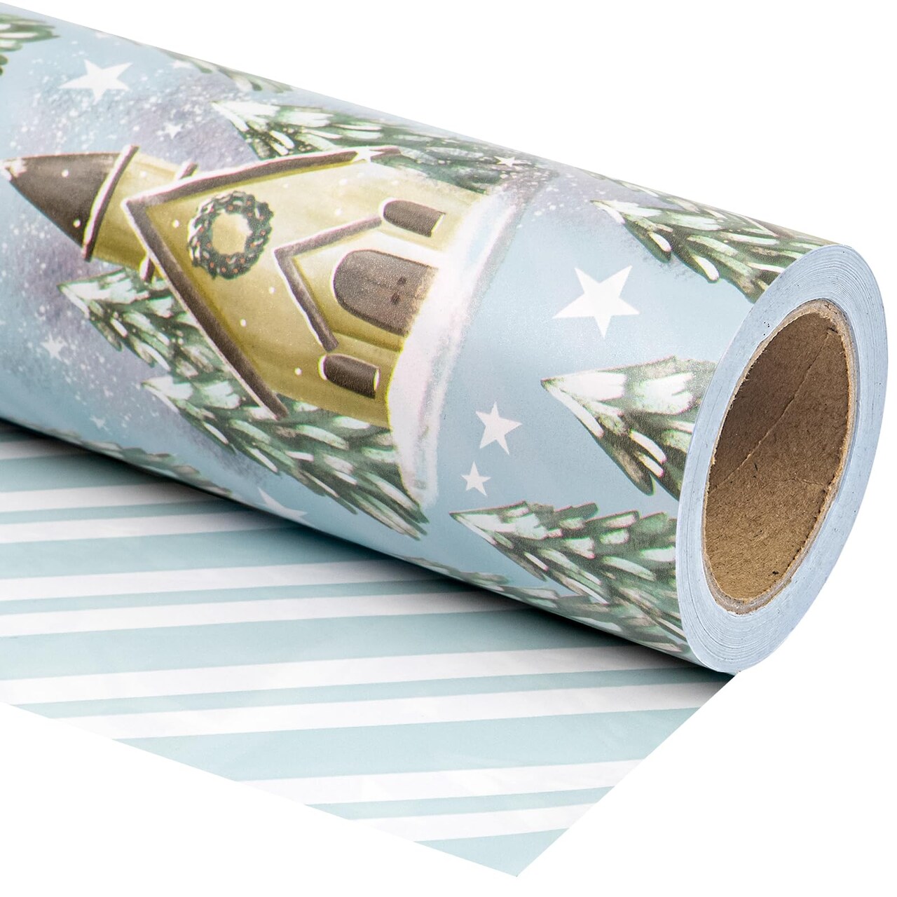 Reversible Christmas Wrapping Paper - Mini Roll - 17 Inch X 33 Feet - Silver and White Christmas Tree and House Printed on Pearlized Paper for Holidays